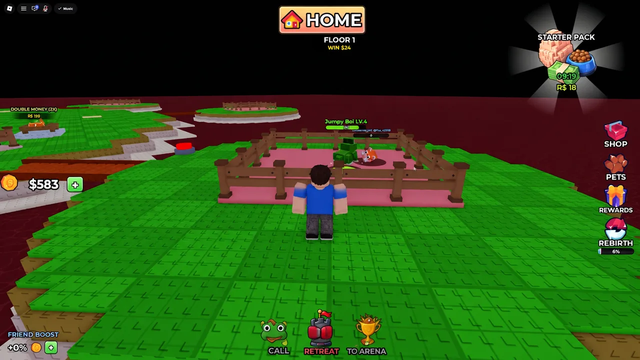 Base enclosure on the HOME screen showing the Jumpy Boi pet at level four