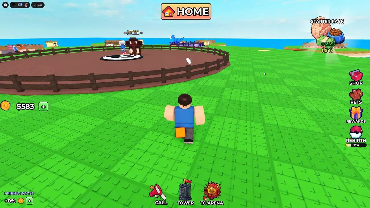 Player avatar walking from the base toward the arena with the HOME button shown at the top