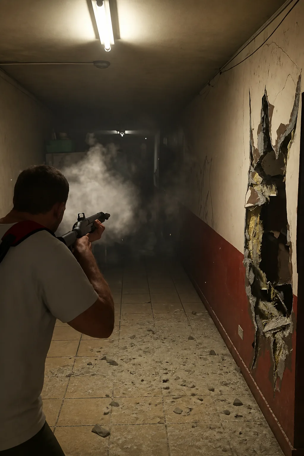A character fires a shotgun down a smoke-filled corridor during a firefight
