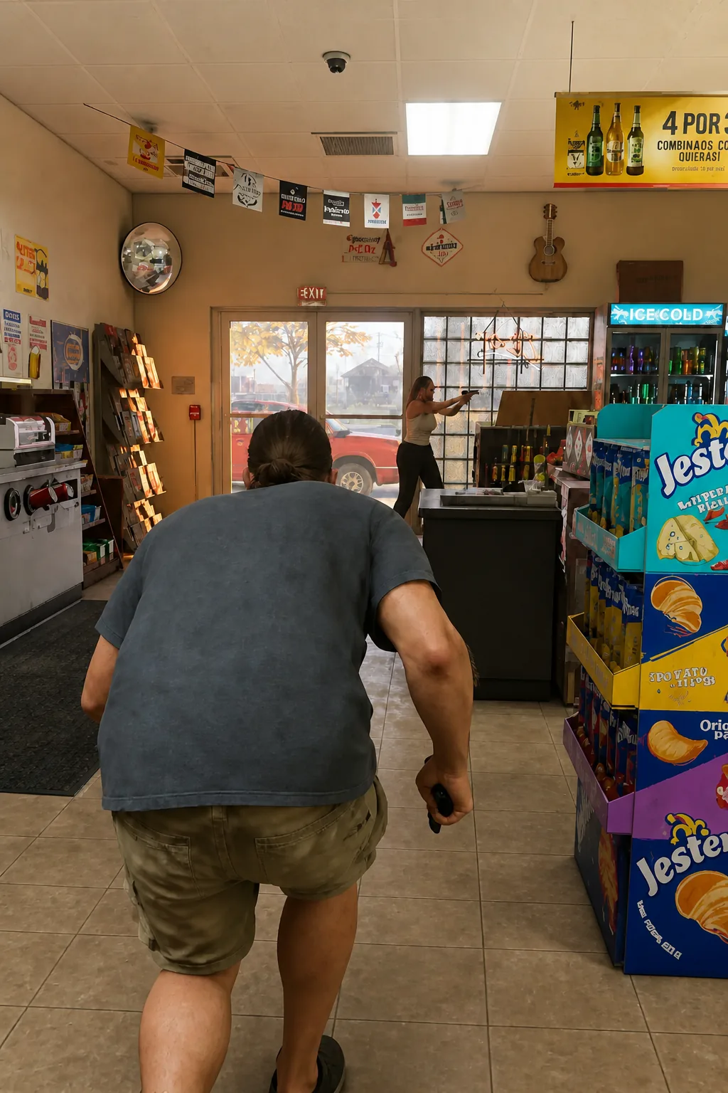 A convenience store counter with a clerk behind it as a customer walks up