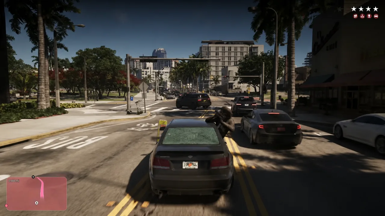 Driving gameplay through city traffic with the route marked on the minimap