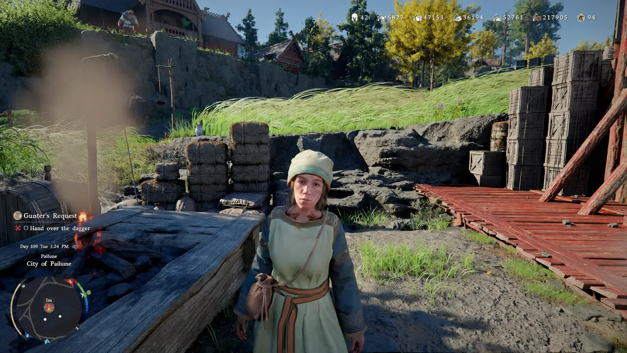 Quest tracker showing Hand over the dagger while facing the villager in the marketplace