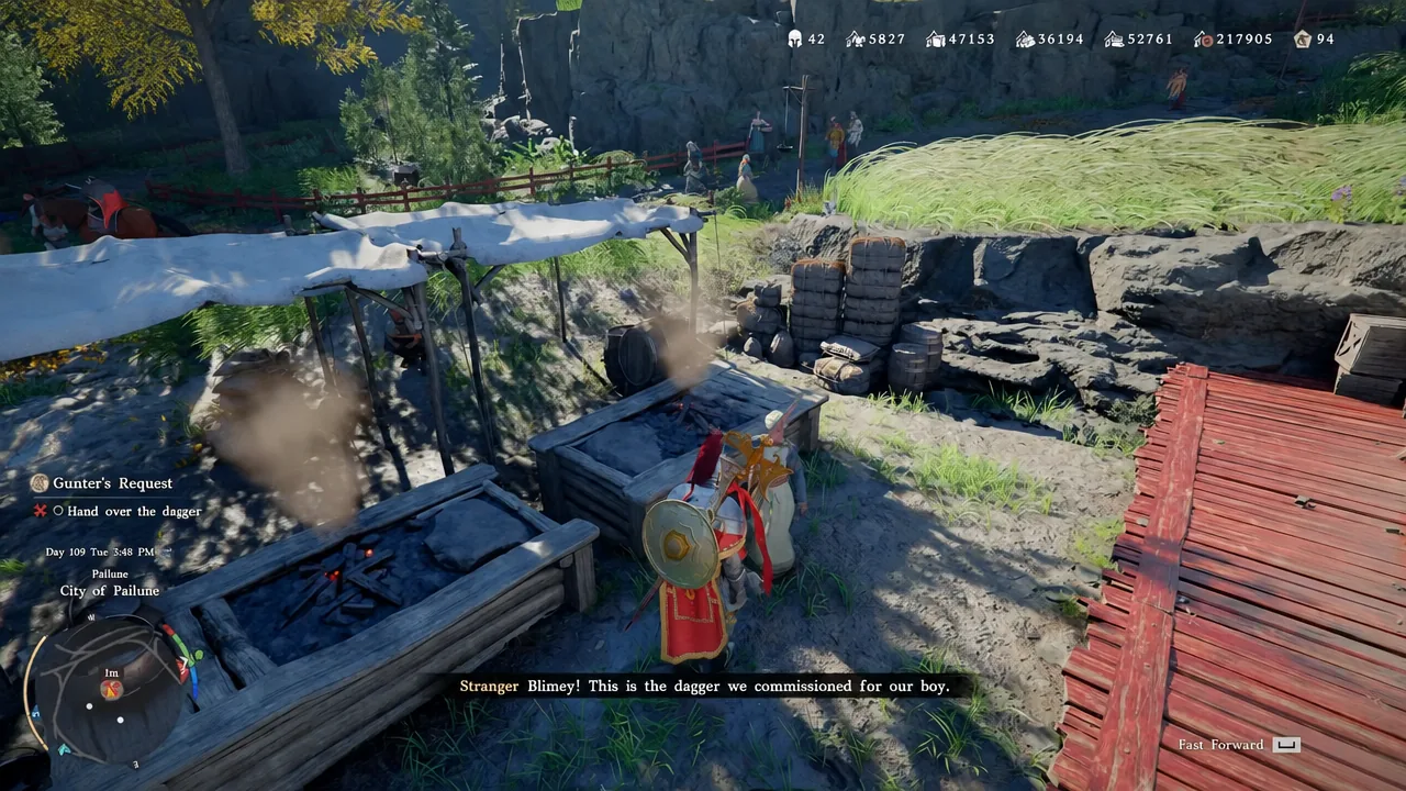 Handing the commissioned dagger to the villager standing near the cooking stall