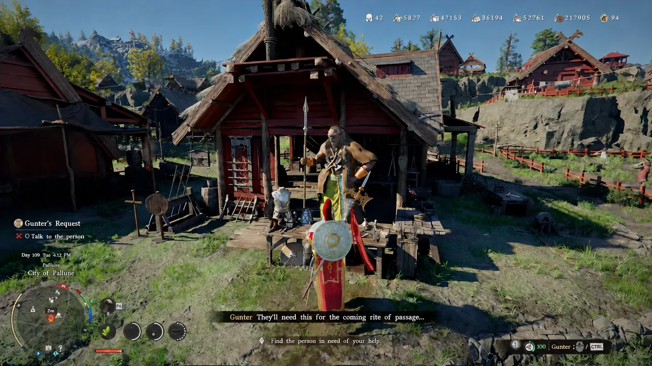 Gunter the blacksmith explaining the commissioned dagger at his forge in the City of Pailun