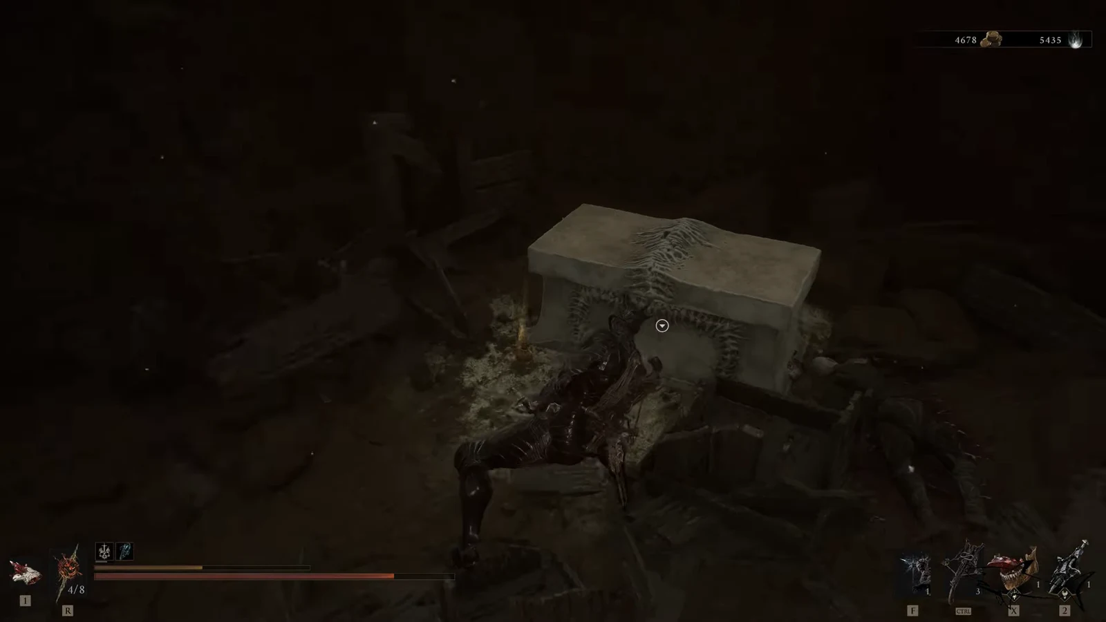 Interaction prompt centered on a stone sarcophagus chest ready to be opened