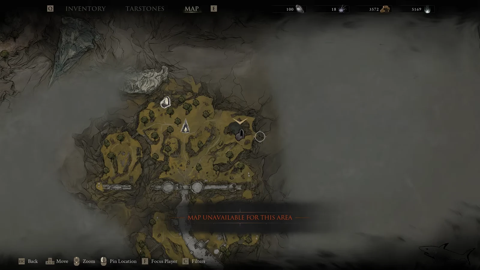 Map screen with the cursor over the Hag's Pit area reading map unavailable