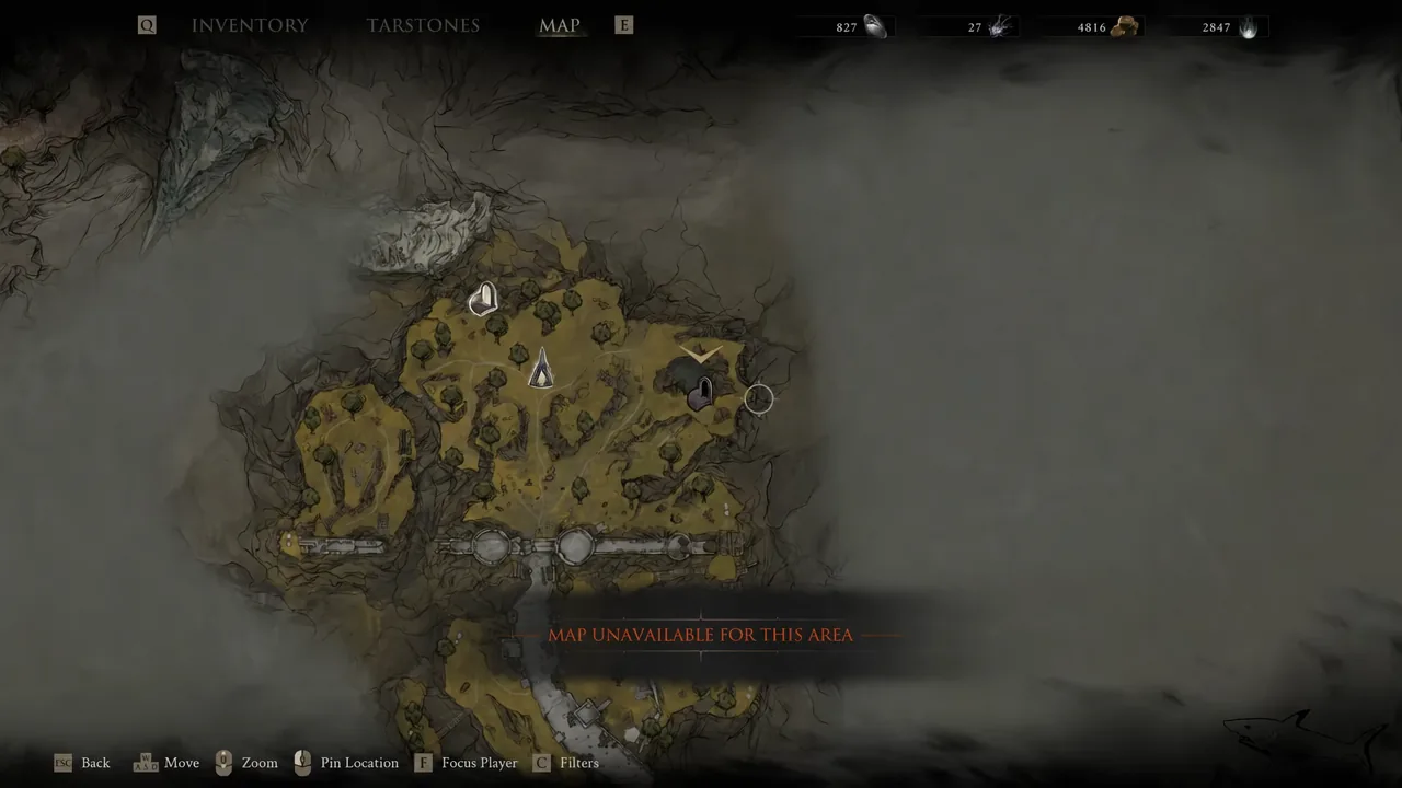 Map screen with the cursor over the Hag's Pit area reading map unavailable