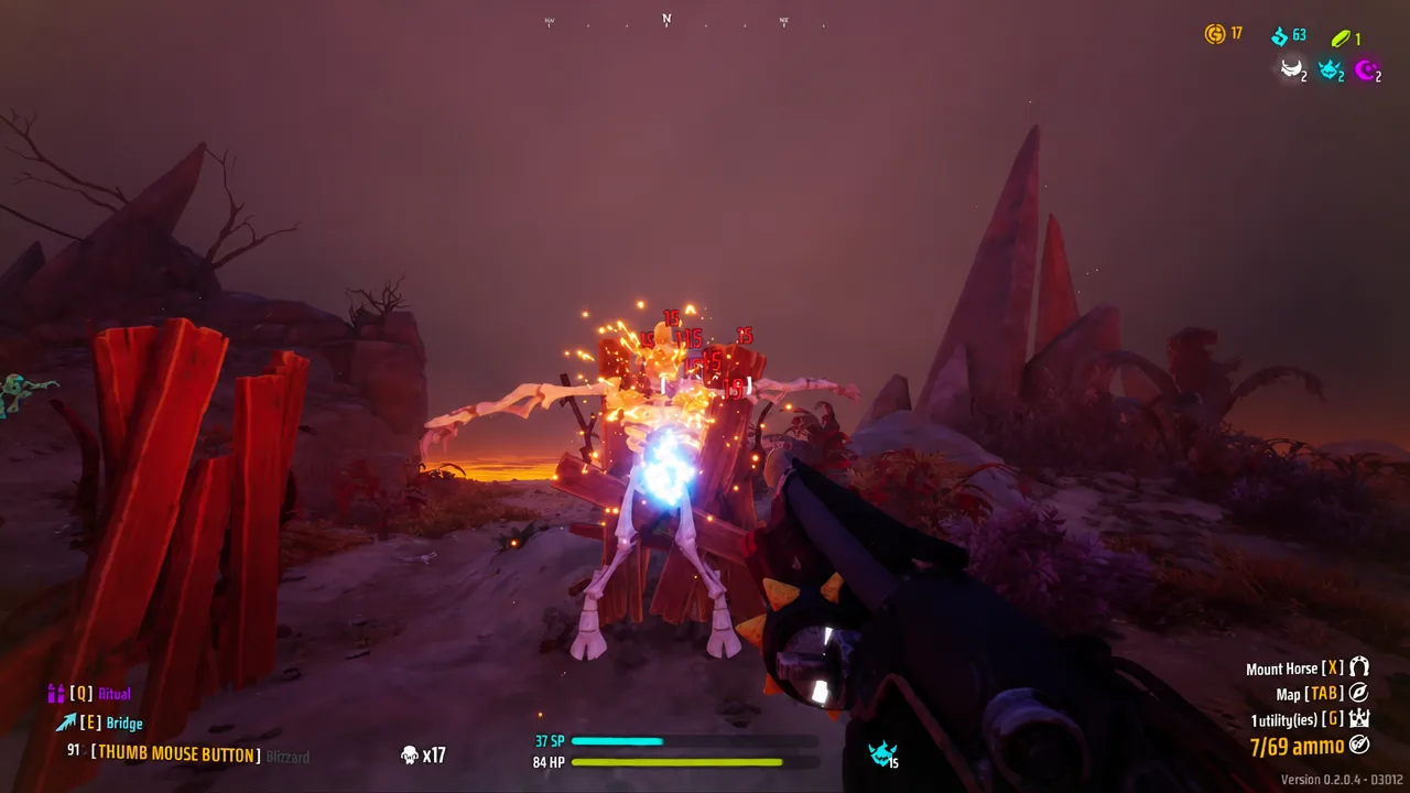 Player firing a shotgun into a group of enemies with damage numbers popping up