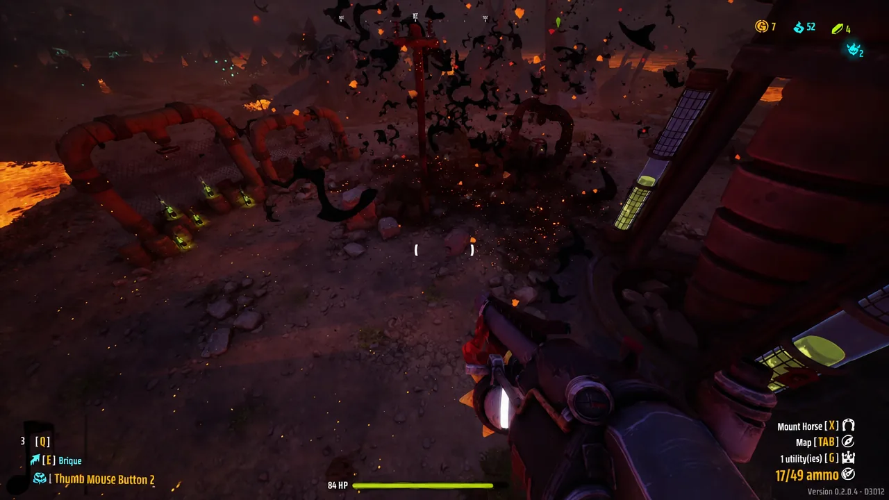 Player aiming a weapon at a large dark explosion with an on-screen button prompt