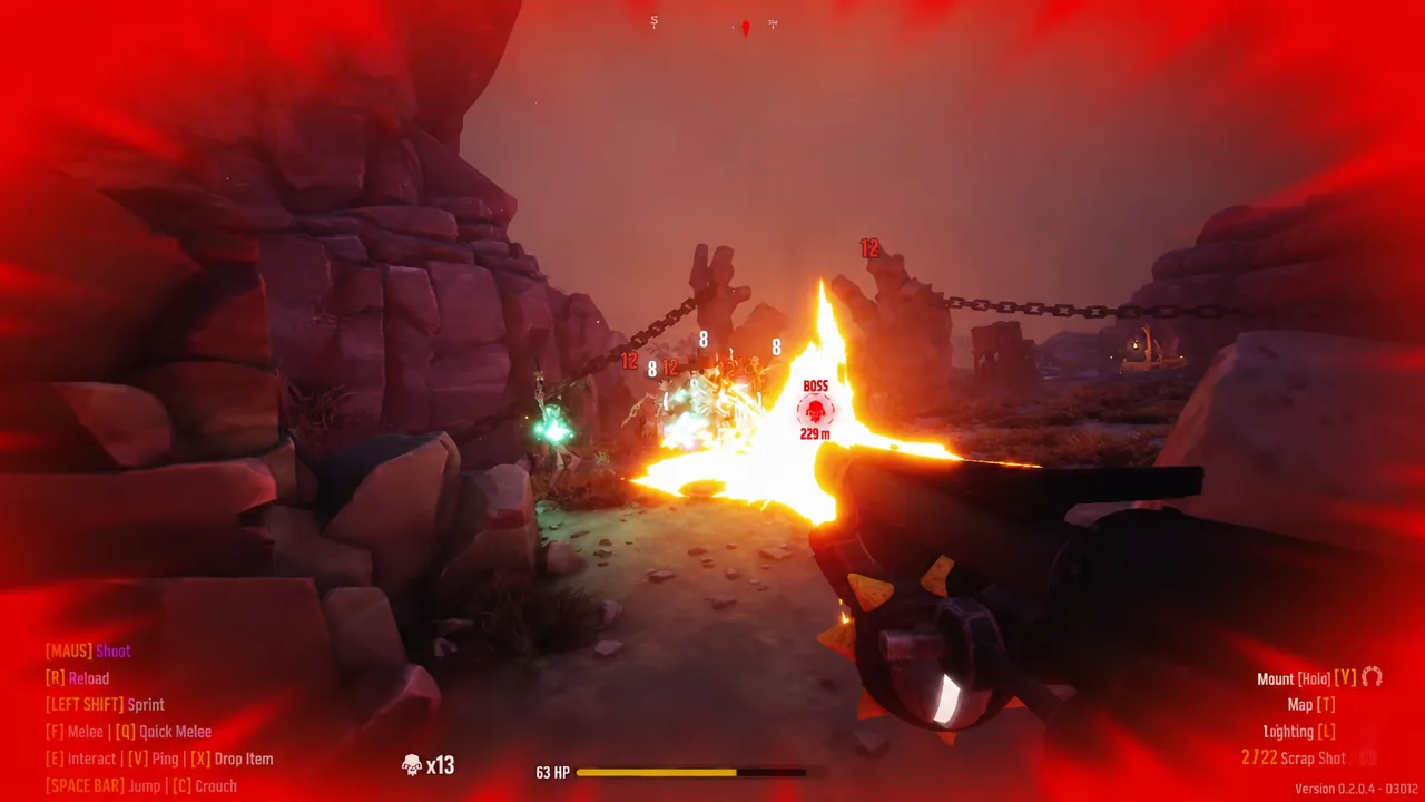Player firing the Scrap Shot at enemies beneath a boss marker with health nearly depleted