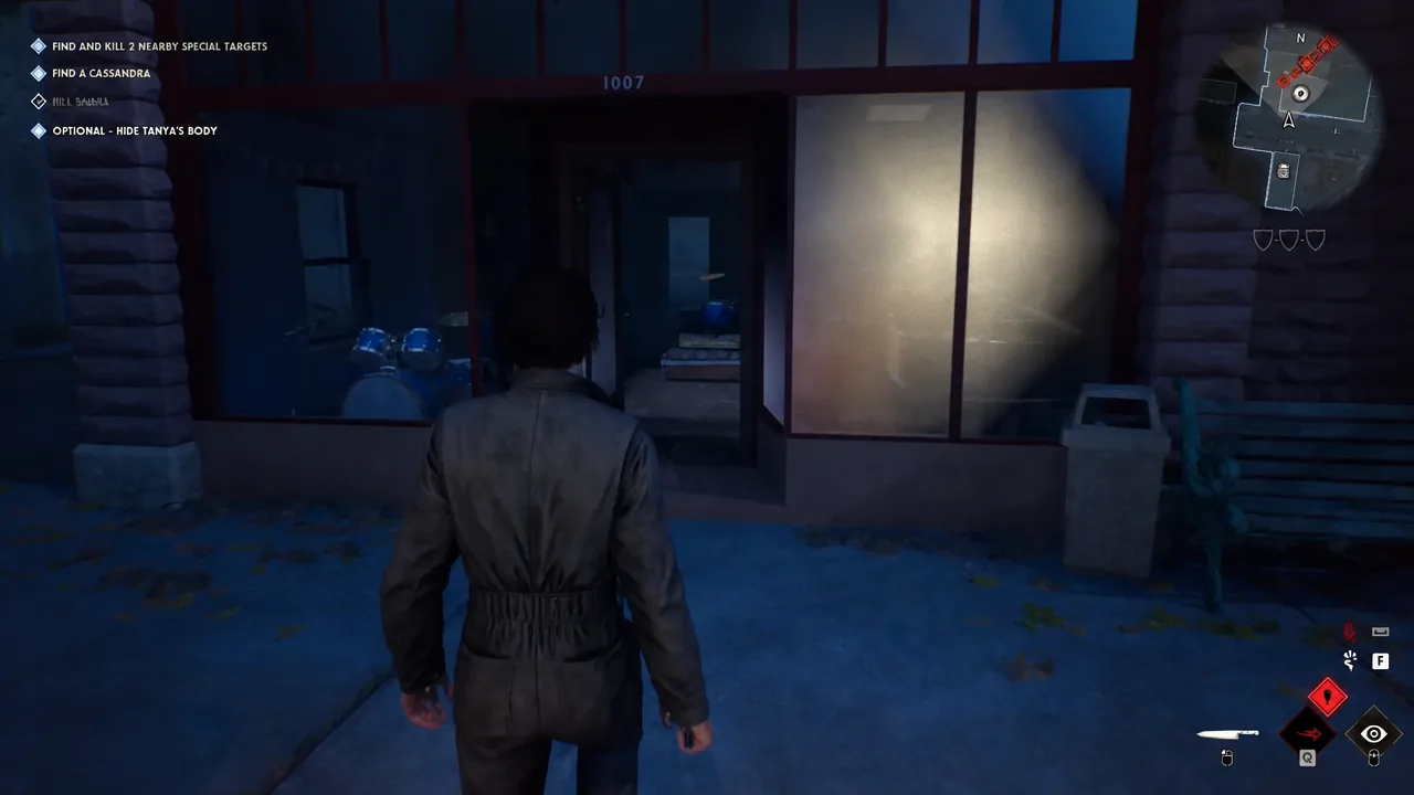 Optional objective to hide Tanya's body shown on screen as Michael walks toward an open doorway