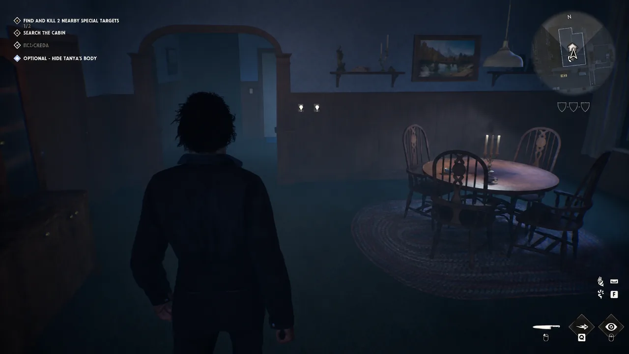 Michael moving through a home's dining room with the objective tracker visible on screen