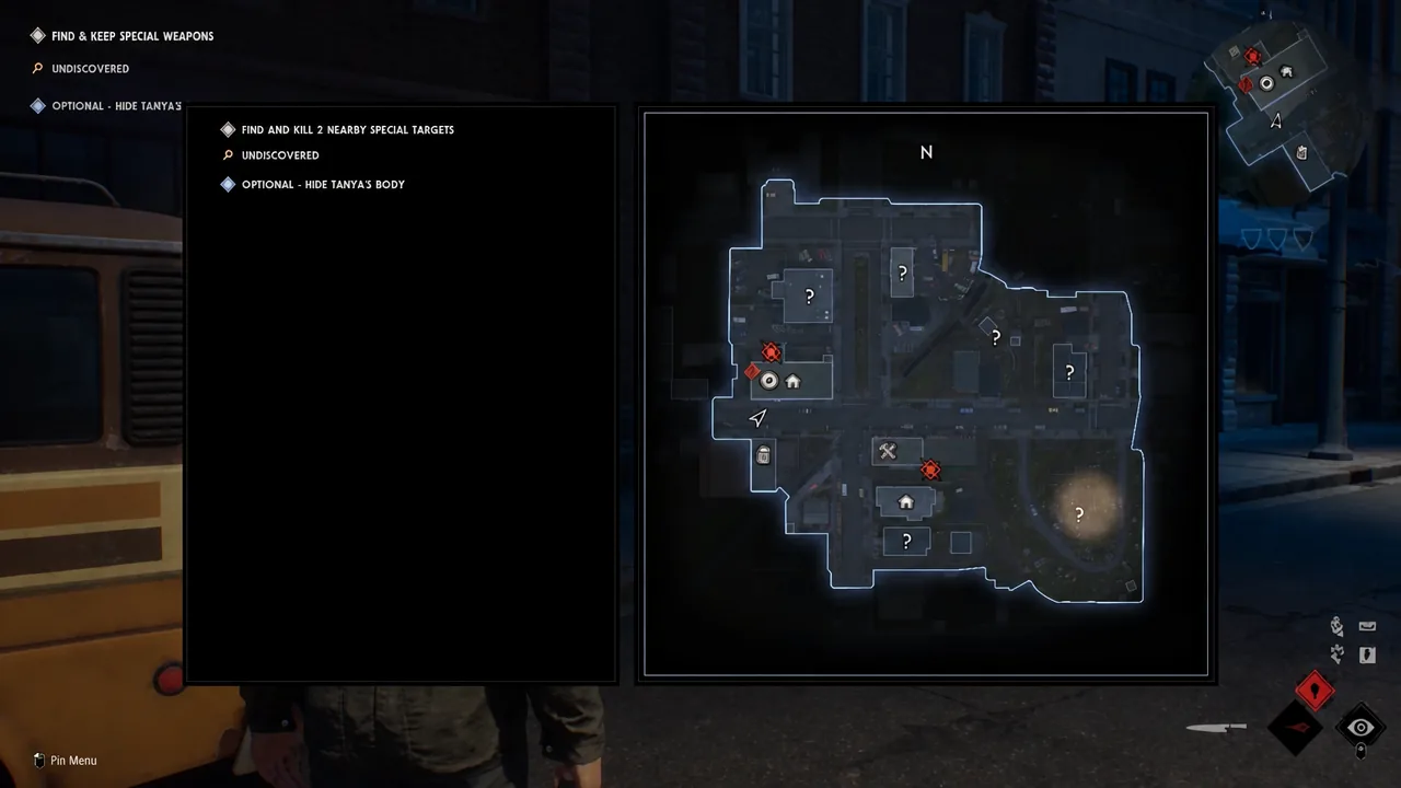Main Street map screen with undiscovered special targets marked and the find-and-kill objective active