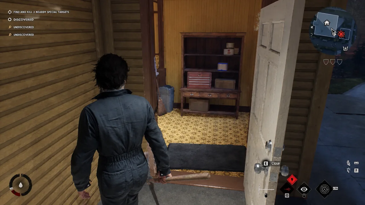 Interaction prompt to close a door while Michael stands in a doorway inside the house