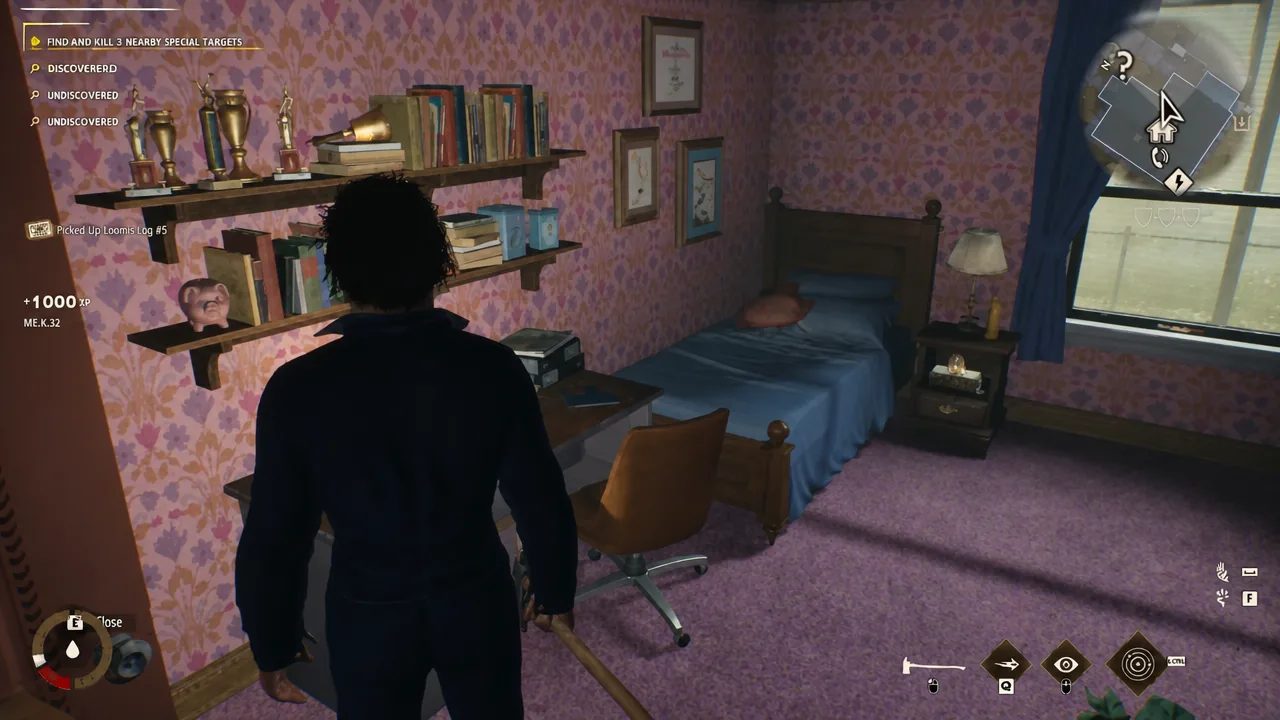 Bedroom interior with the pickup confirmation for Loomis Log #5 on screen