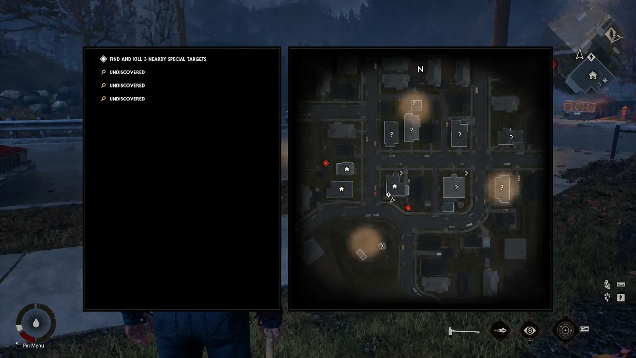 Neighborhood map with the special targets objective active and three undiscovered markers