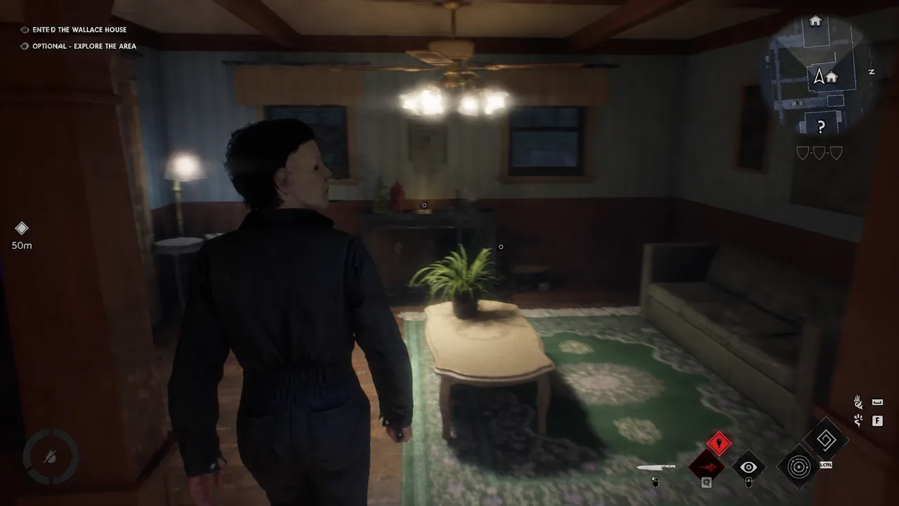 First-person view moving through a darkened living room with the Wallace House objective on the HUD