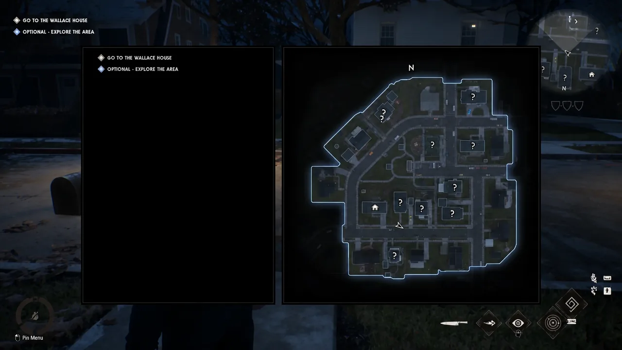 Chapter 4 map with the Wallace House objective and question-mark markers on nearby houses