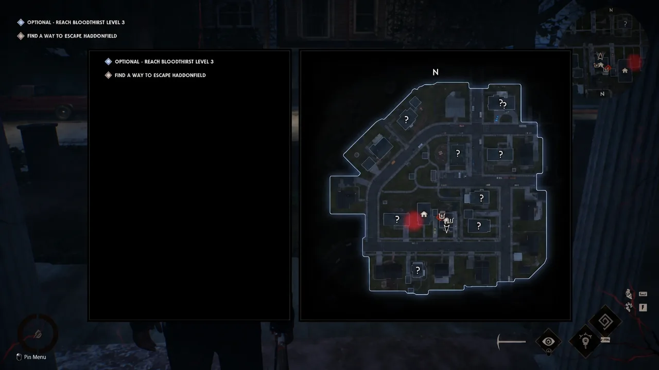 Haddonfield map screen with the player marker and the escape and Bloodthirst objectives listed