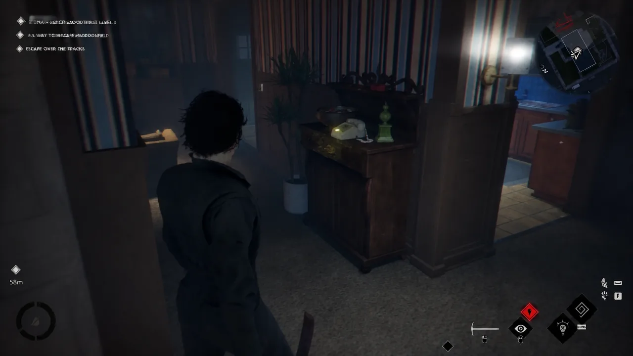 Michael moving through a house interior with the Escape over the tracks objective shown on the HUD