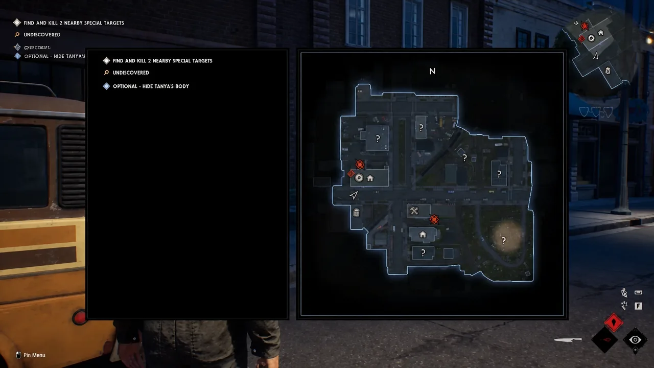 Map screen showing the objective to find and kill two nearby special targets with markers in Haddonfield