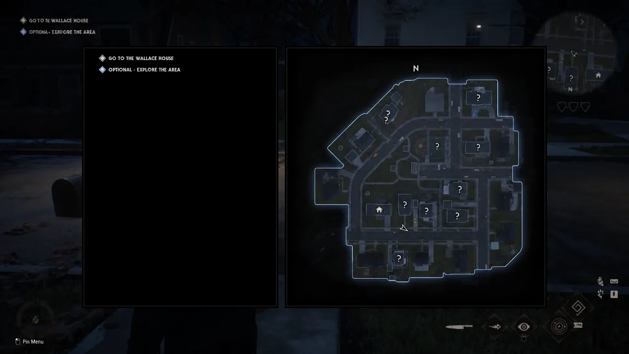 Map screen displaying the GO TO THE WALLACE HOUSE objective with the surrounding neighborhood