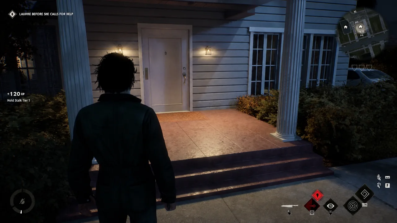 Michael approaching a highlighted front door lock while chasing Laurie in Halloween: The Game