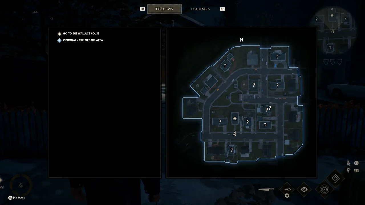 The Objectives tab open in Chapter 4, listing the Wallace House goal and optional exploration alongside the map