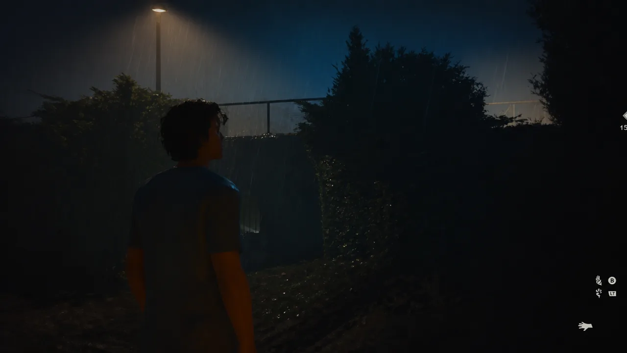 Michael moving through a dark, rain-soaked Smith's Grove passage with the B and LT button prompts on screen