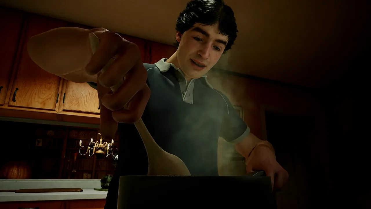 A man stirs a steaming pot with a wooden spoon in a Haddonfield kitchen.