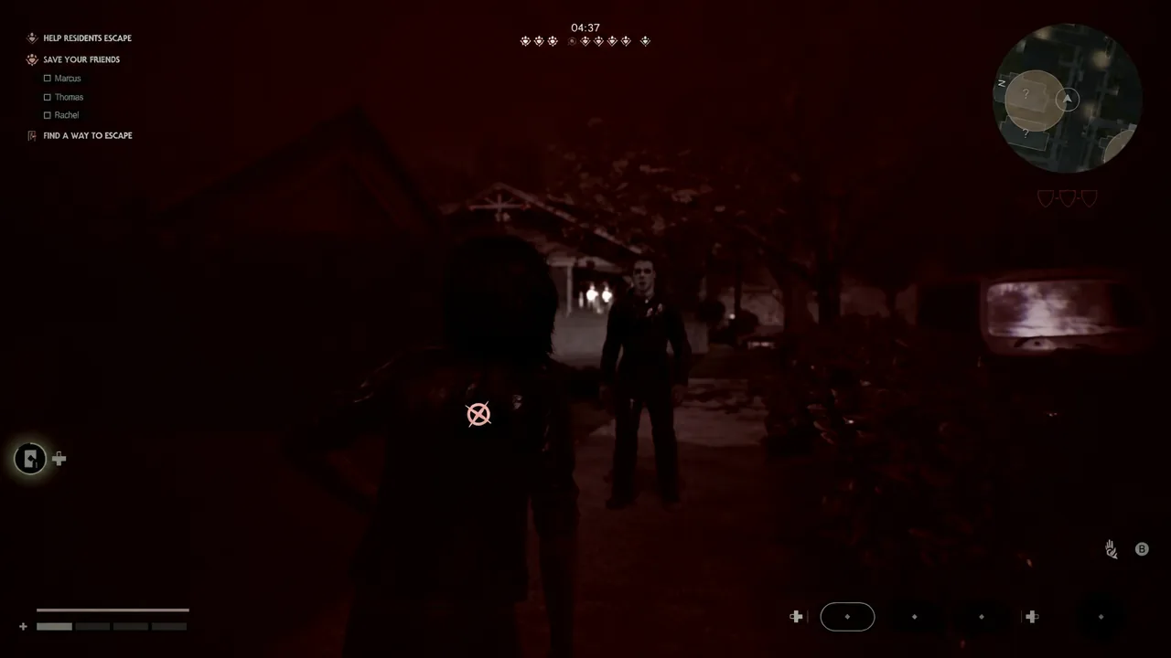 Gameplay HUD showing the objective Find a Way to Escape while aiming at a figure in the dark.