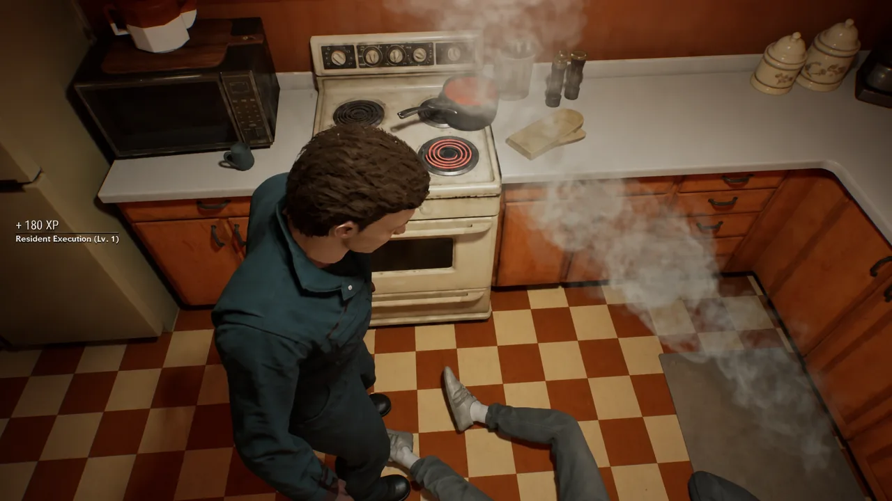 On-screen prompt reading Resident Execution Lv. 1 with a plus 180 XP reward during a kitchen kill.
