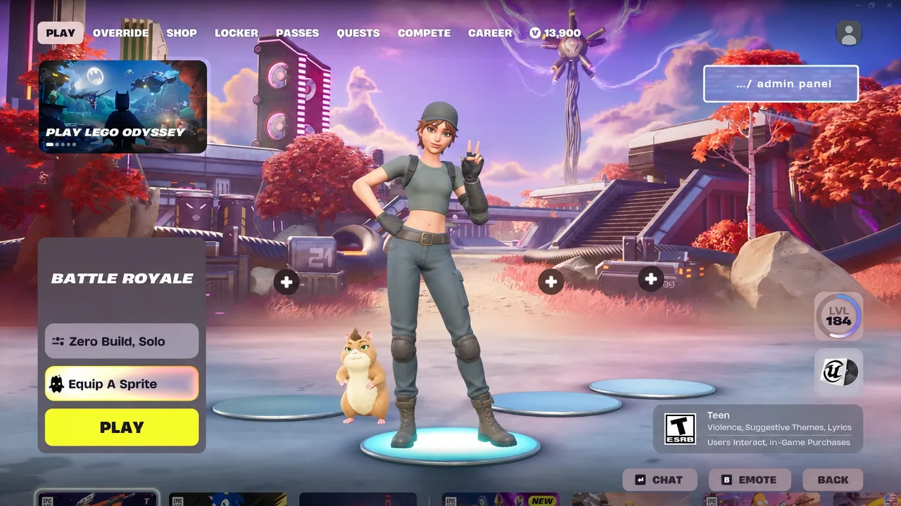 Fortnite Battle Royale lobby screen with the Play button ready and a Sidekick beside the character