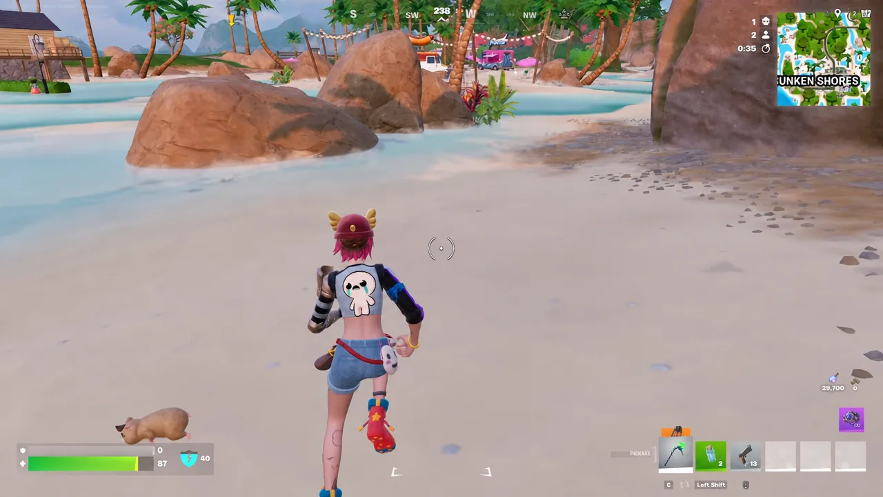Fortnite player running along a beach with the pickaxe equipped and a Sidekick nearby