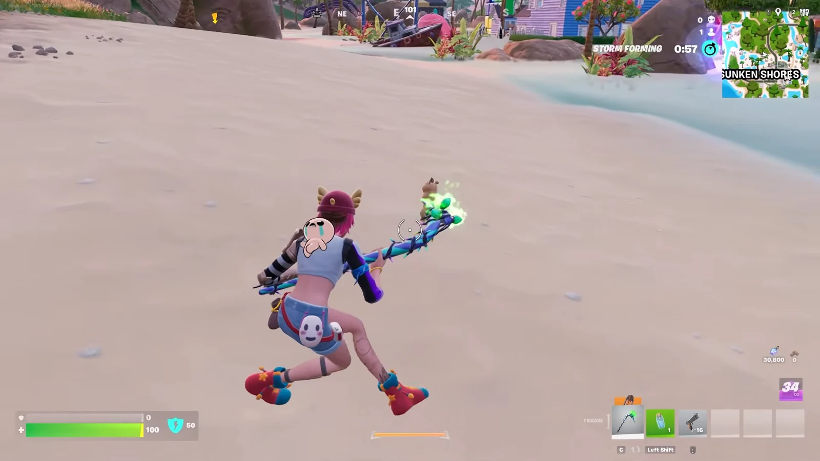 Fortnite match at Sunken Shores with the Sidekick following the player character