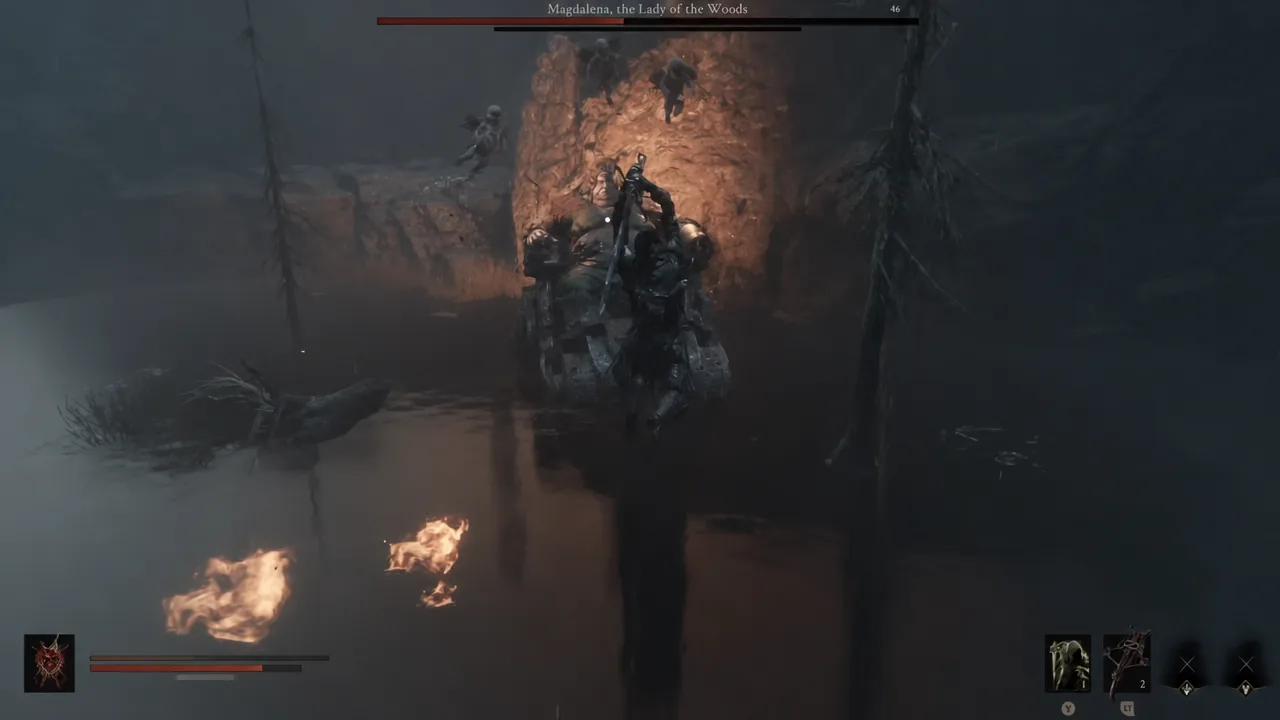 Magdalena, the Lady of the Woods health bar during combat in her flooded arena