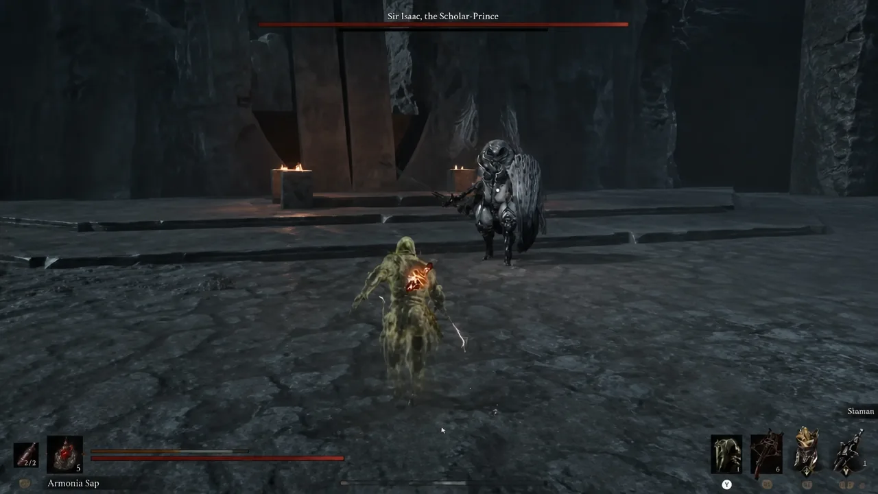 Sir Isaac, the Scholar-Prince health bar as the player closes in during his boss fight