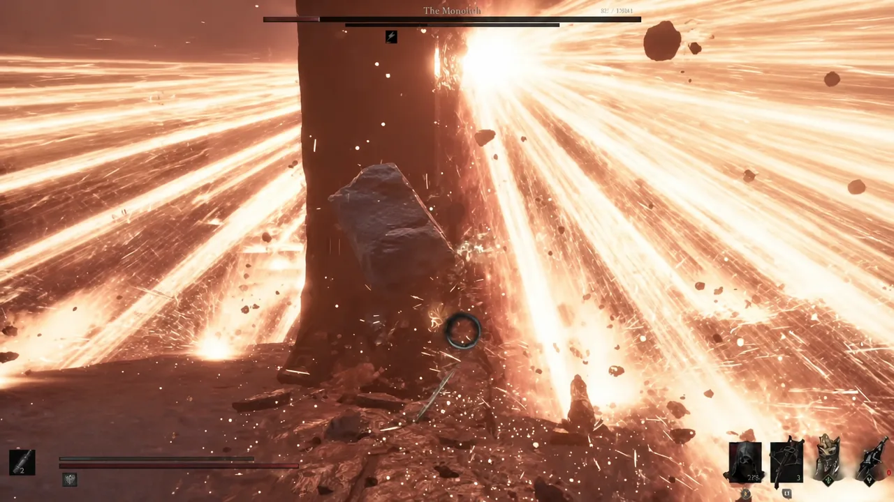 The Monolith's health bar during a sweeping fiery beam attack in the boss arena