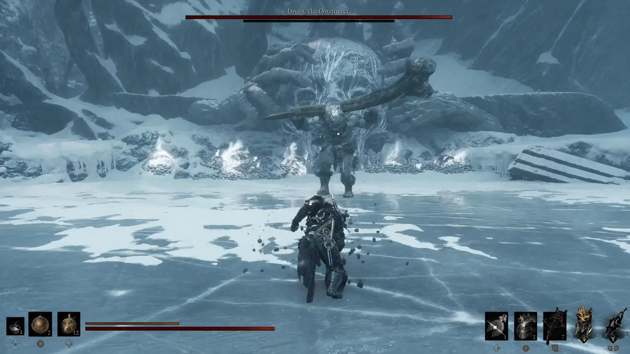Droog, the Conqueror health bar appearing as the player approaches the boss
