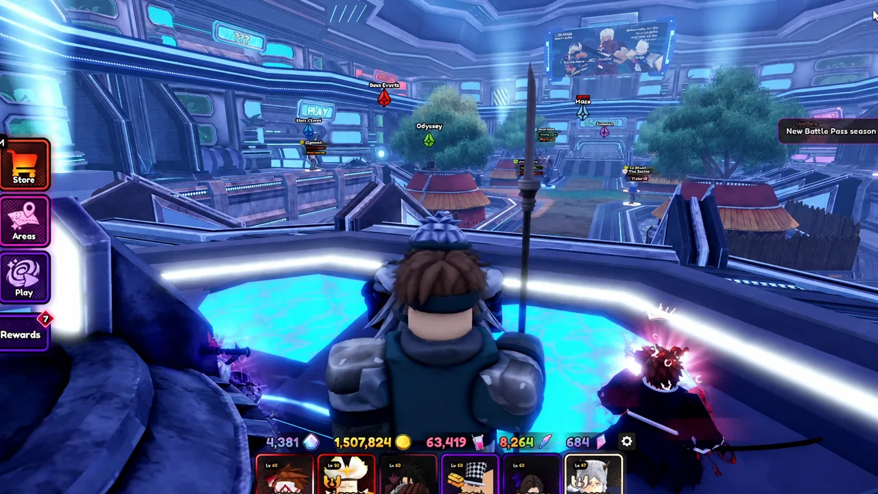 Player avatar walking through the Anime Vanguards lobby past event stands and portals