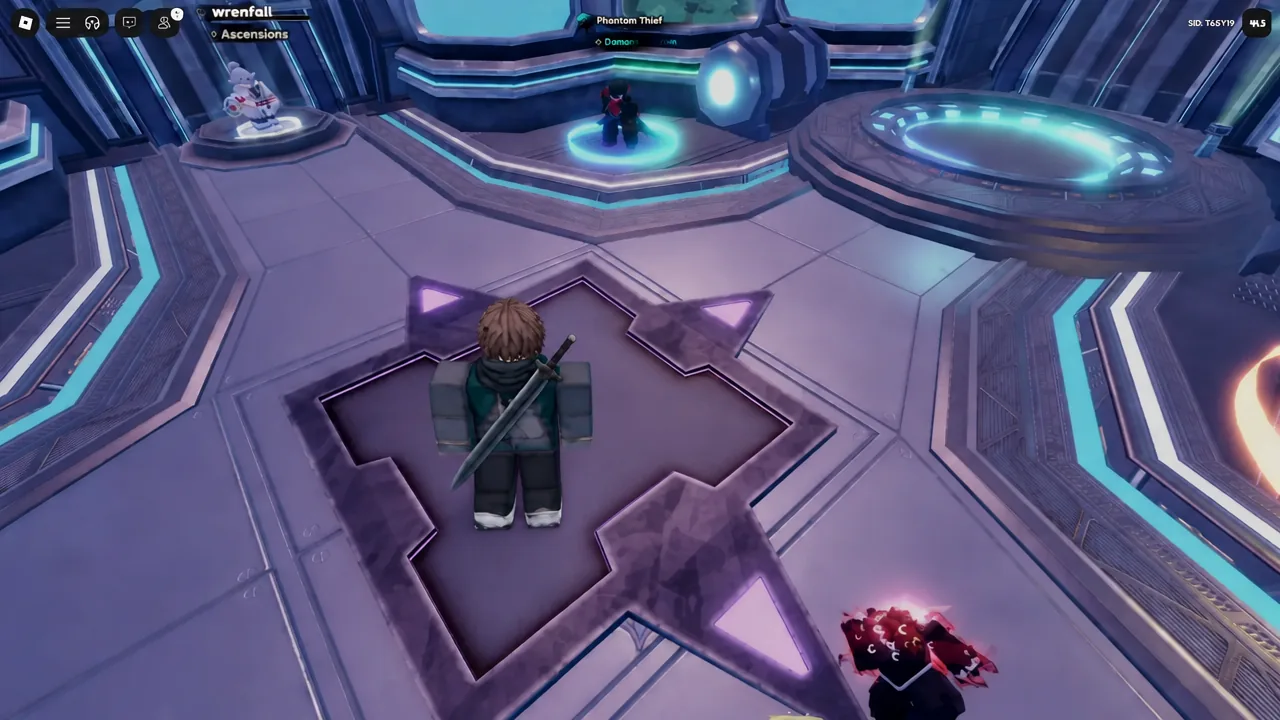 Ascensions hub with the player standing between glowing upgrade and reroll stations