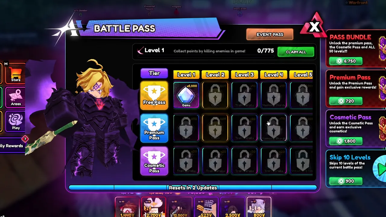 Battle Pass screen showing Level 1 Gems reward selected with the Claim All button