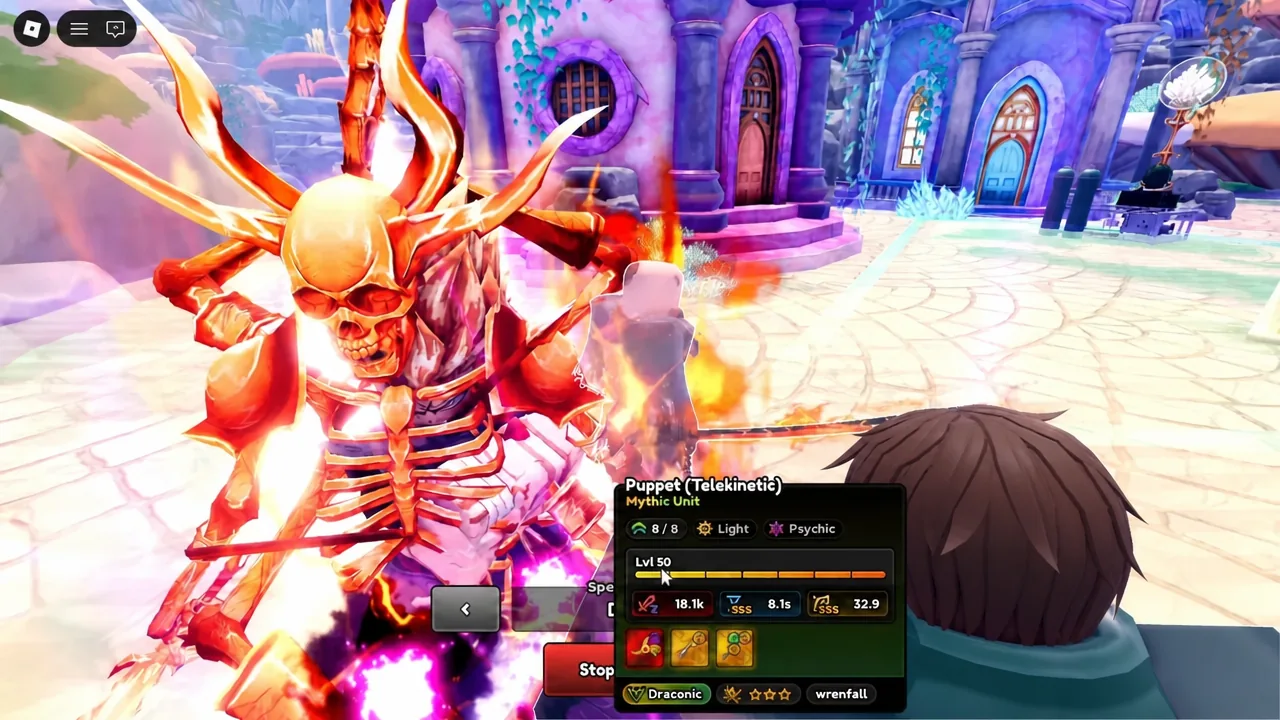 Unit information panel open mid-match showing level, stats, abilities and traits