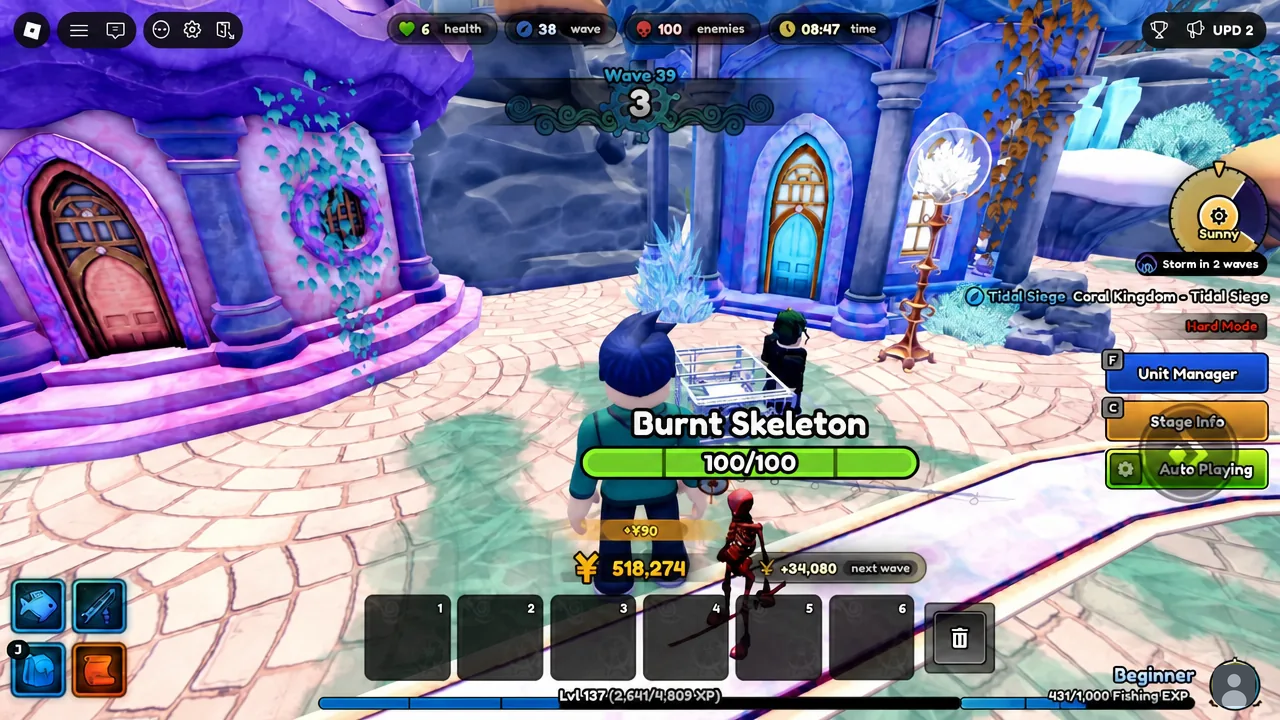 Tidal Siege wave in progress with a Burnt Skeleton at full health on the path
