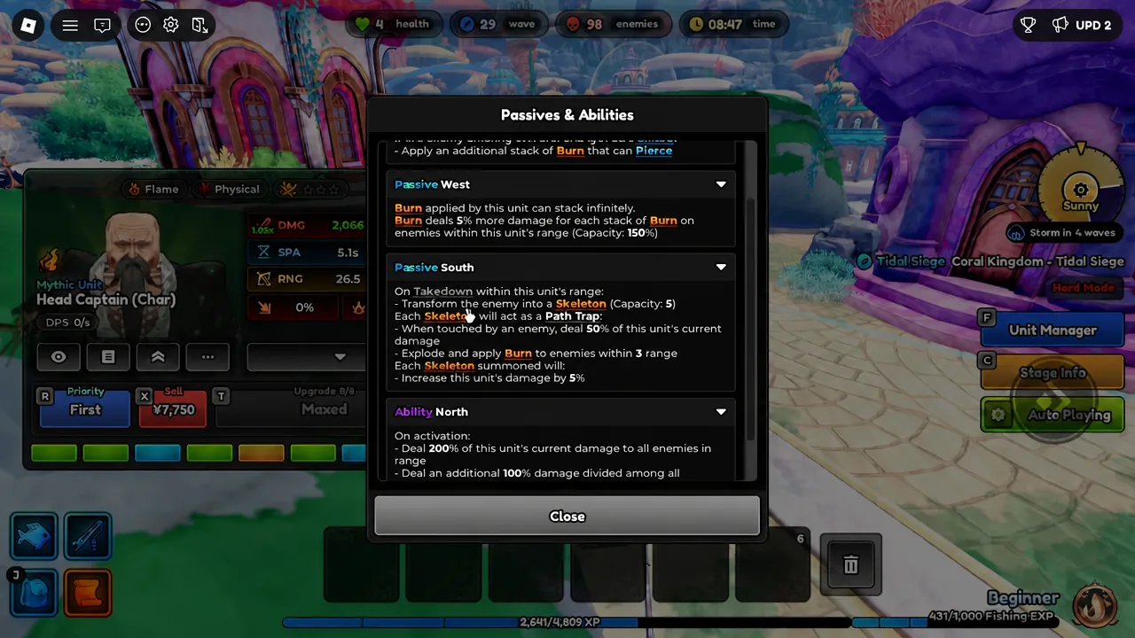 Passives and Abilities window listing Passive West, Passive South and Ability North
