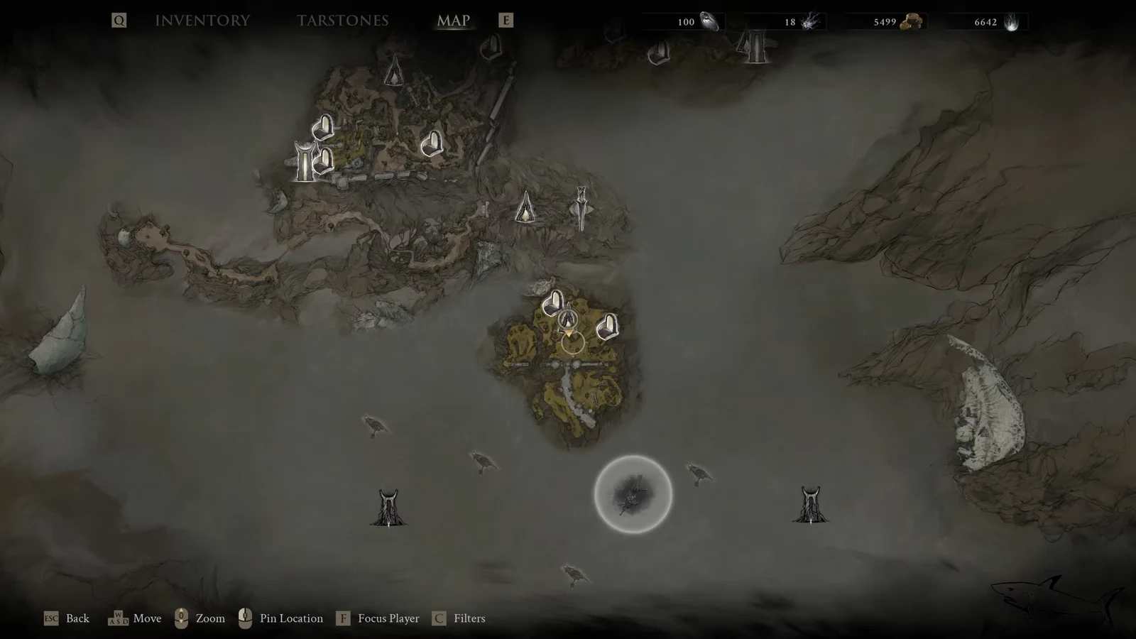 Map screen with a cursor highlighting the Outskirts of Mammon travel point on the central island