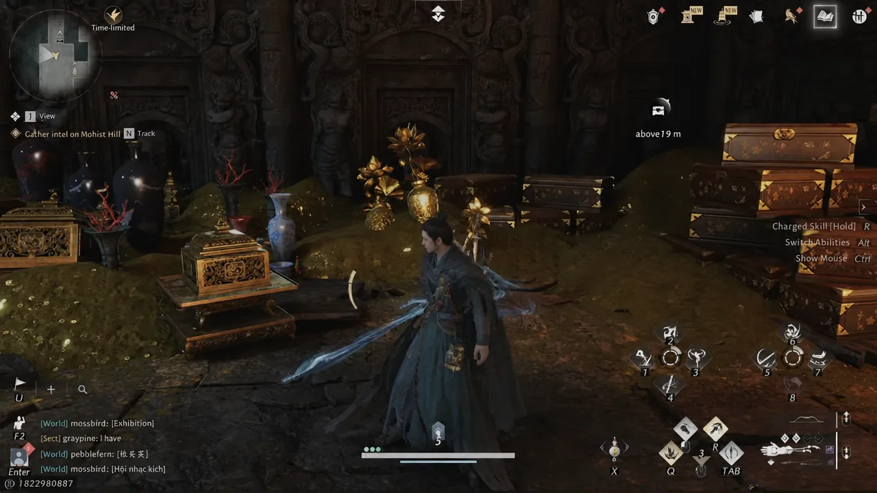 Treasure-filled chamber with the Mohist Hill intel objective still active in the quest tracker