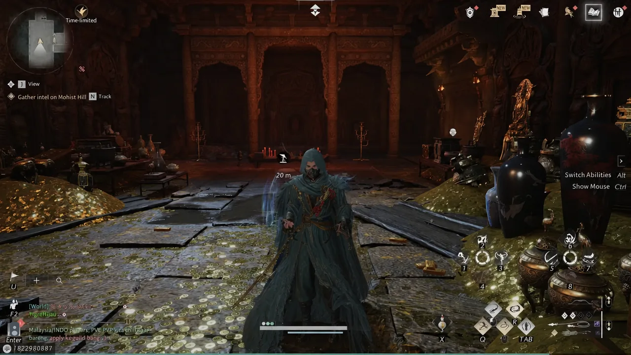Combat gameplay in a treasure chamber with the martial arts menu button highlighted in the corner