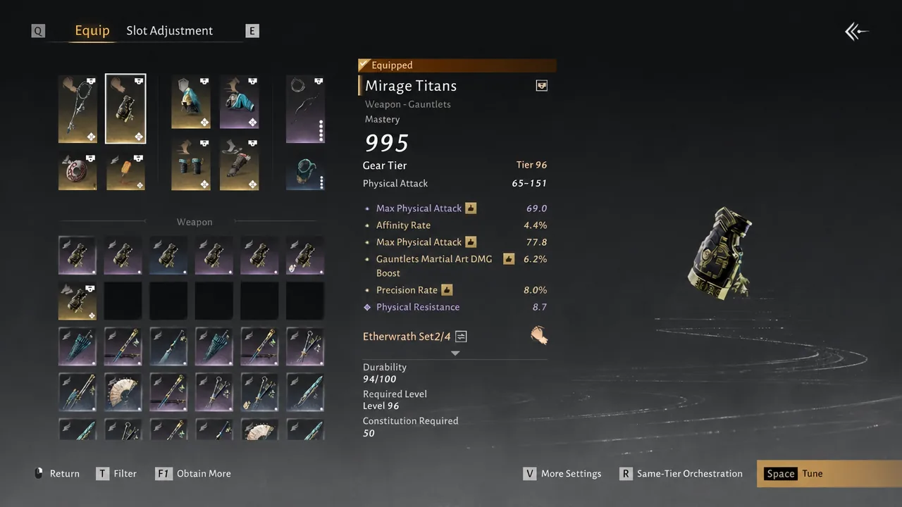 Equip screen showing the Mirage Titans gauntlets with their stats and set details