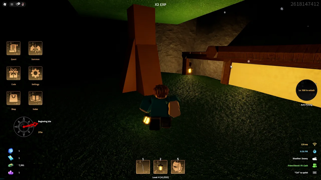 Gameplay view with the character holding a lantern and the Auto Fishing option locked until level 100